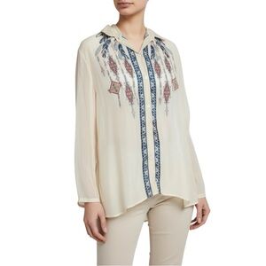 Johnny Was 4 Love & Liberty Silk Embroidered Sheer Tunic Blouse Cream Medium